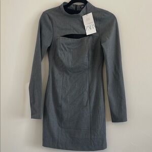 ZARA Gray Houndstooth Cut Out Mini Dress Long Sleeve Mock Neck Size M